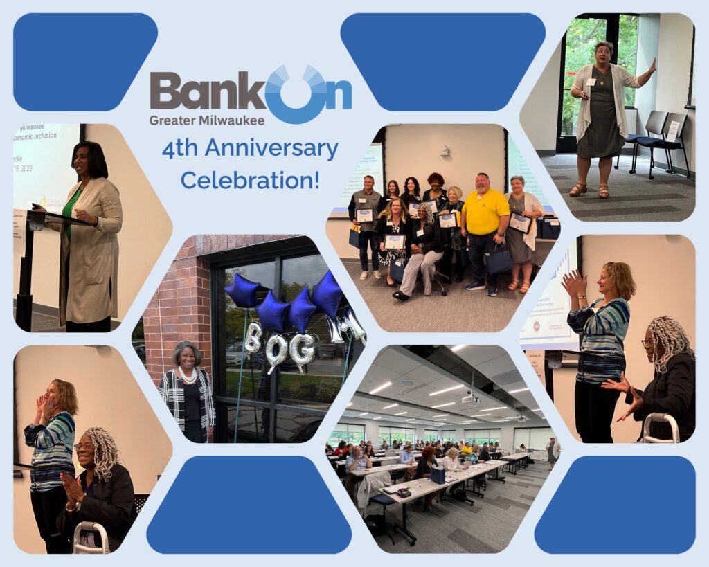 Collage of photos from Bank On Greater Milwaukee's 4th anniversary event, held on September 19, 2023