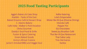 2025 Food Tasting Participants: Aggie’s Bakery & Cake Shop, Aladdin - Taste of the East, Baked Dreams Café & Dessert Shop, C. Adams Bakery, Cafe India - Walker's Point location, China Gourmet, Daddy's Soul Food & Grille, Fusion & Spice Catering, Green Baked Goods, Immy's African Cuisine, Junior’s Smoked BBQ and Veggie Soul, Kellie Katering, Lola’s Empanadas, Mister Bar-B-Que (Diverse Dining), Orenda Café, Pepper Pot SQ Chocolates, Sweet Joy Brazilian Café, Thai Bar-B-Que Restaurant, That Salsa Lady, Tres Hermanos, Xankia